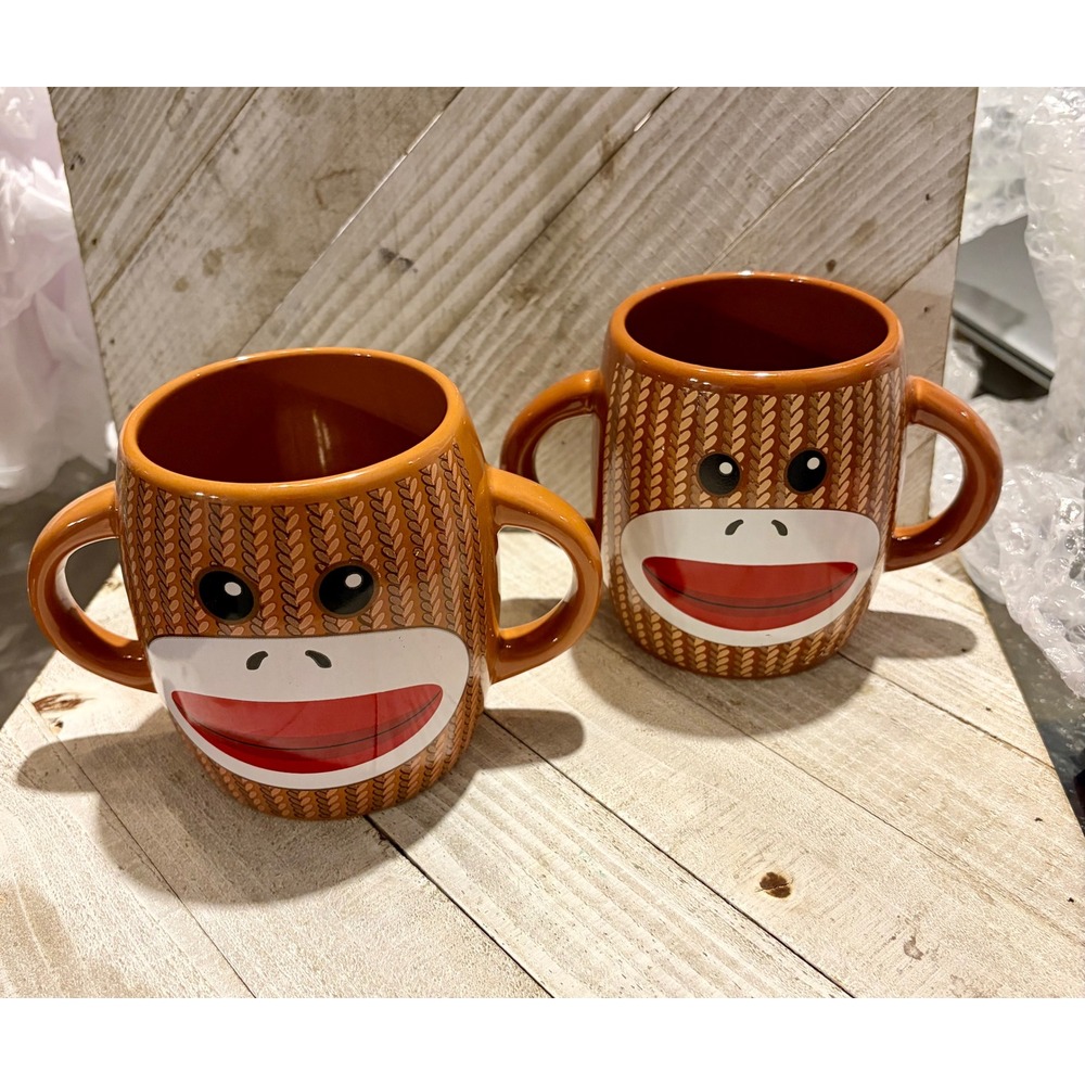 Galerie Sock Monkey Double Handle Ceramic Mugs Set of 2 Brown Faux Knit Pattern